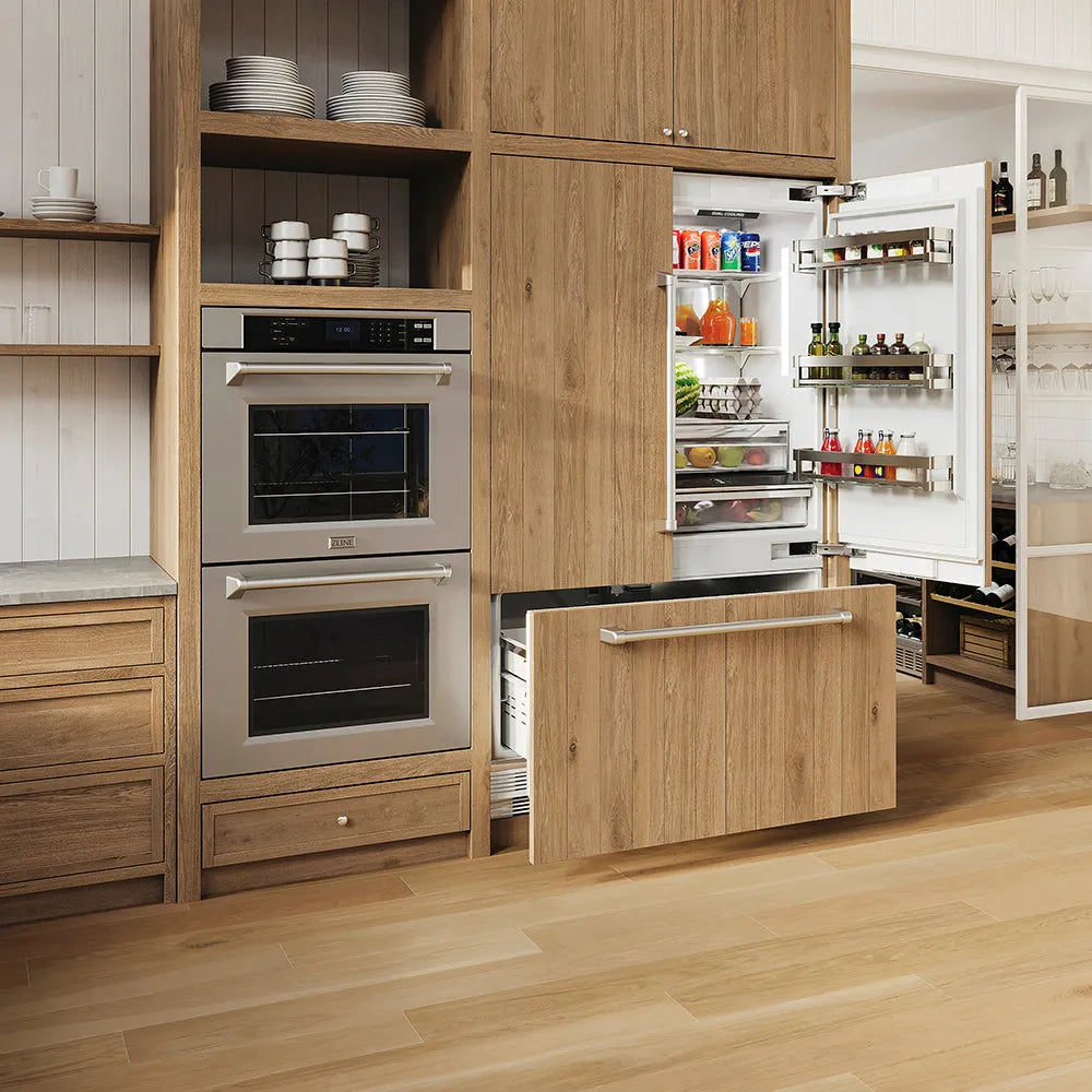 Custom kitchen with wooden cabinets, ZLINE 30 in. Professional True Convection Double Wall Oven with Air Fry and Self Clean in Stainless Steel (WAD-30), and an open refrigerator.