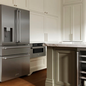 Modern kitchen with ZLINE 36 in. 21.6 cu. ft. Counter-Depth French Door Refrigerator with Water and Ice Dispenser in Fingerprint-Resistant Stainless Steel (RFM-W-36) and oven in a neutral color scheme.
