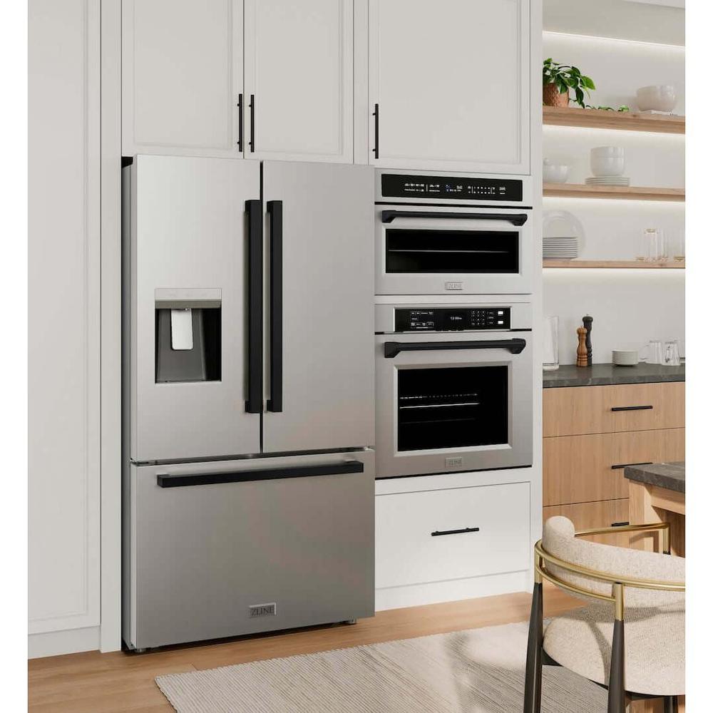 ZLINE Autograph Edition 36 in. 28.9 cu. ft. Standard-Depth French Door External Water Dispenser Refrigerator with Dual Ice Maker in Fingerprint-Resistant Stainless Steel and Matte Black Modern Handles (RSMZ-W-36-FMB) in a kitchen with matching stainless steel and wall oven and microwave.