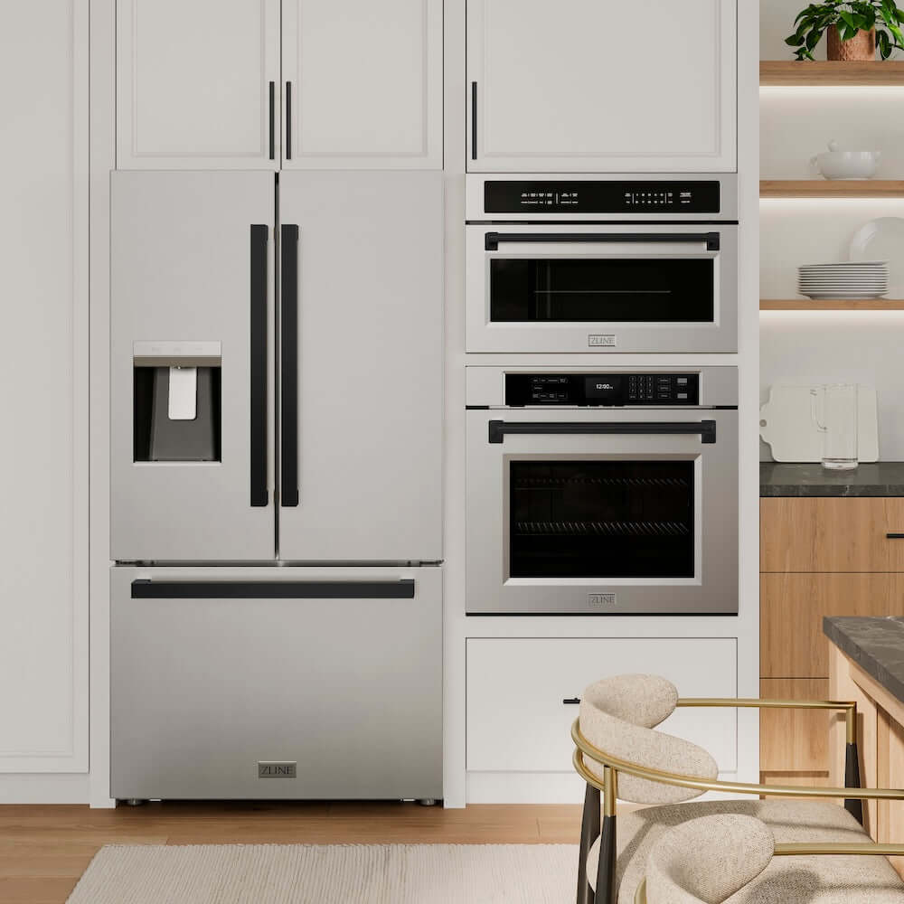 ZLINE Autograph Edition 36 in. 28.9 cu. ft. Standard-Depth French Door External Water Dispenser Refrigerator with Dual Ice Maker in Fingerprint-Resistant Stainless Steel and Matte Black Modern Handles (RSMZ-W-36-FMB) in a kitchen with matching stainless steel wall oven and microwave.