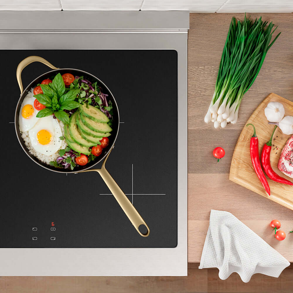 ZLINE 30 in. 4.2 cu. ft. Paramount Induction Range with 4 Element Cooktop and Electric Convection Oven in Stainless Steel with Black Matte Door (SINR-BLM-30) top-down, above cooktop.
