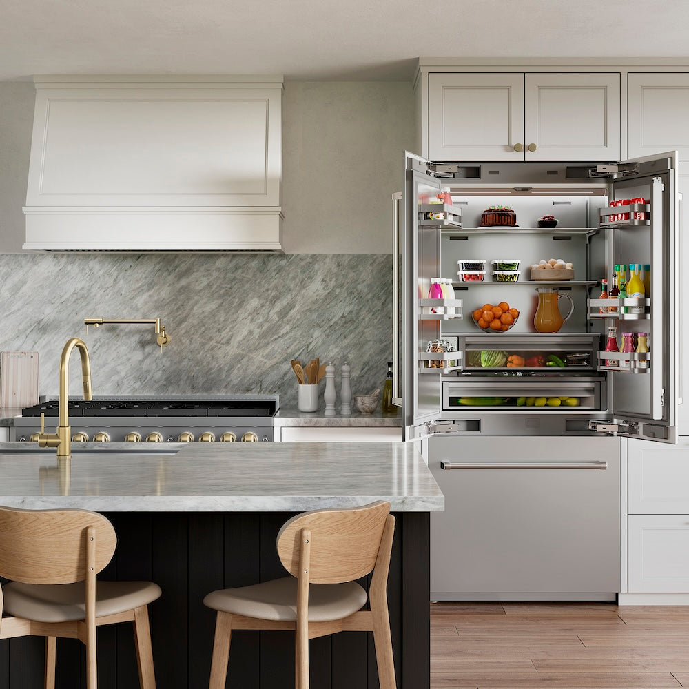 ZLINE 36 in. 19.6 cu. ft. French Door Built-In Bottom Freezer Refrigerator with Water Dispenser and Ice Maker in Stainless Steel with Stainless Steel Interior (SRBIV-304-36) in a luxury kitchen, open with food inside.