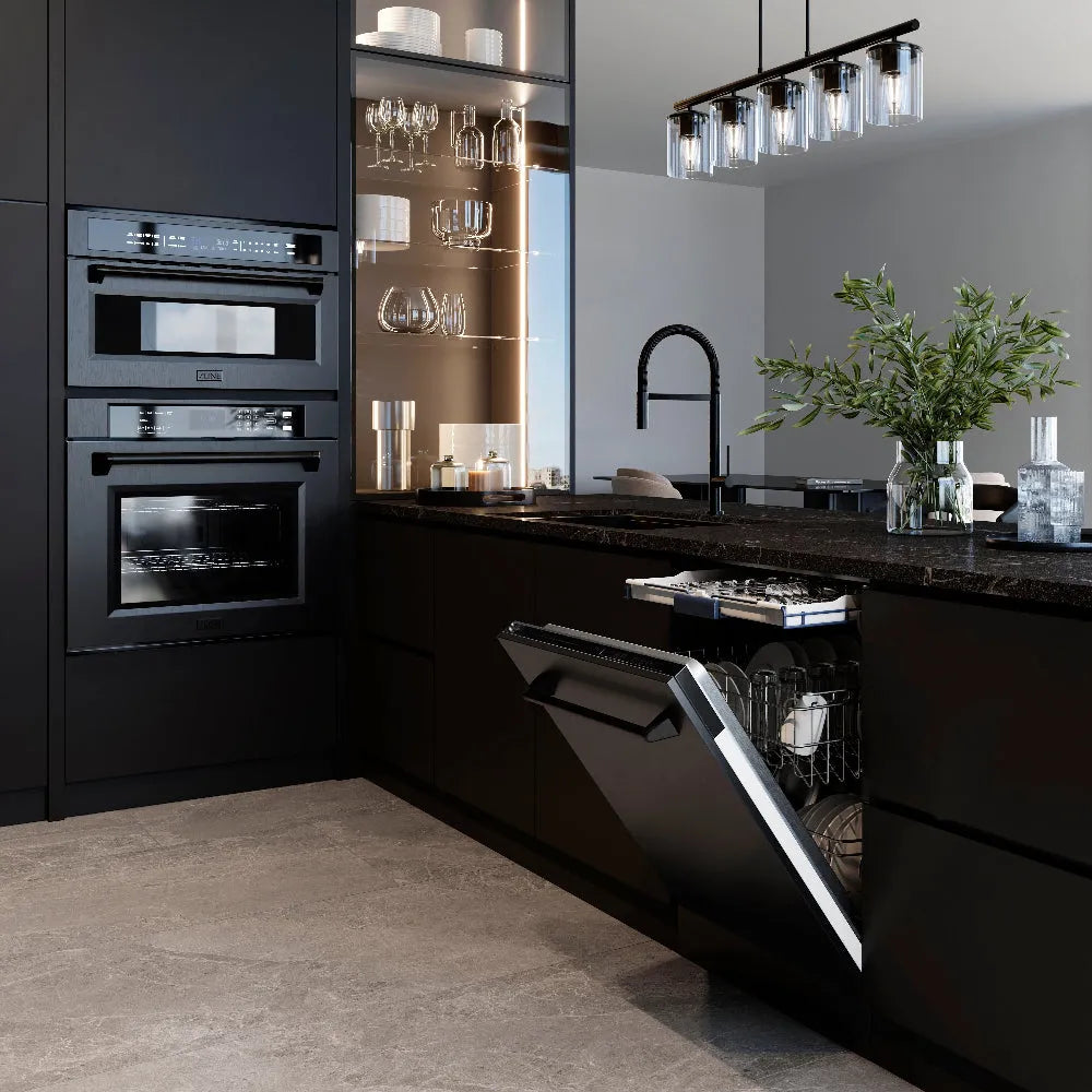 Modern kitchen with black stainless steel appliances and open dishwasher