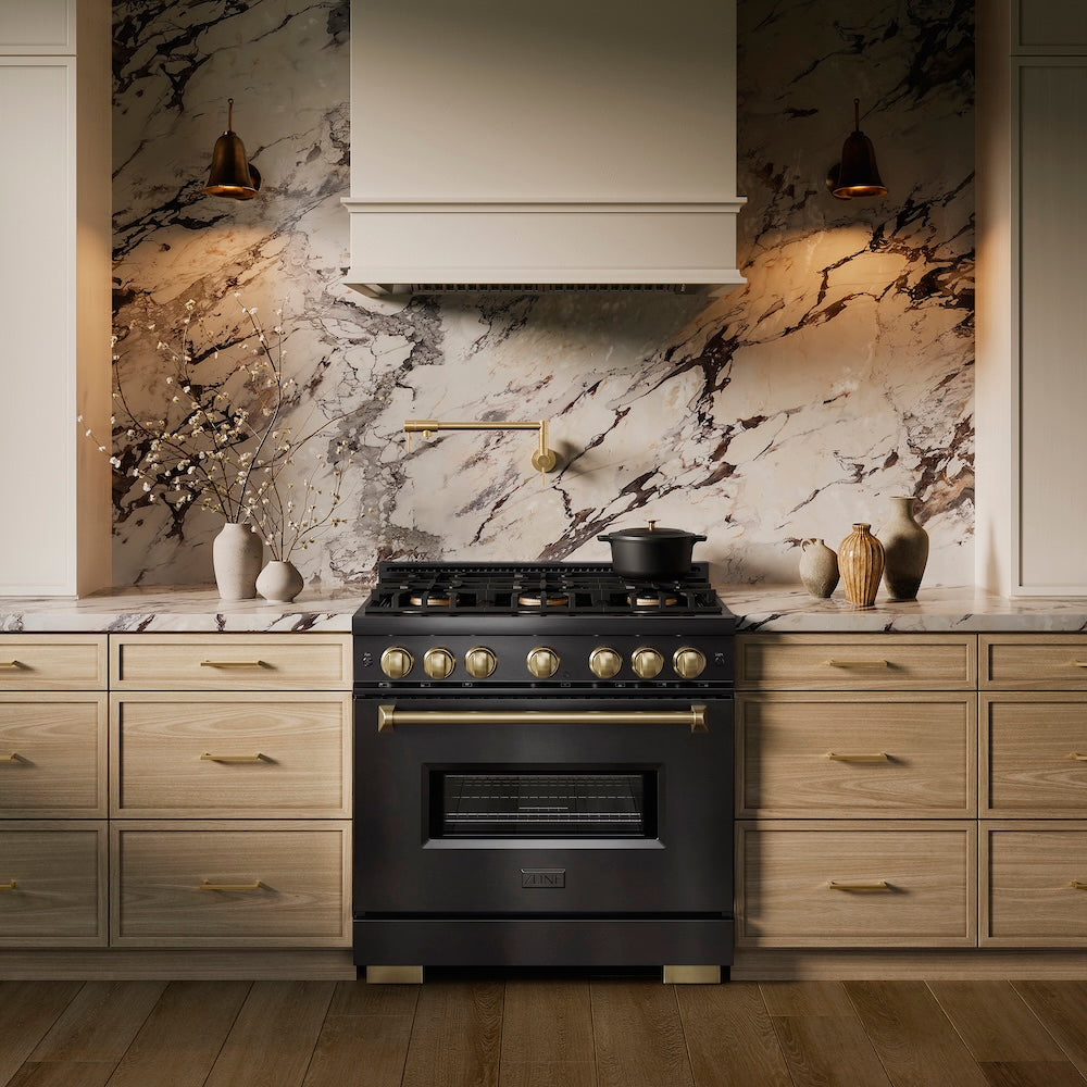 ZLINE Autograph Edition 36 in. 5.2 cu. ft. Classic Dual Fuel Range with 6 Burner DuoPro™ Cooktop and Electric Convection Oven in Black Stainless Steel and Champagne Bronze Accents, Open Box-Great Condition