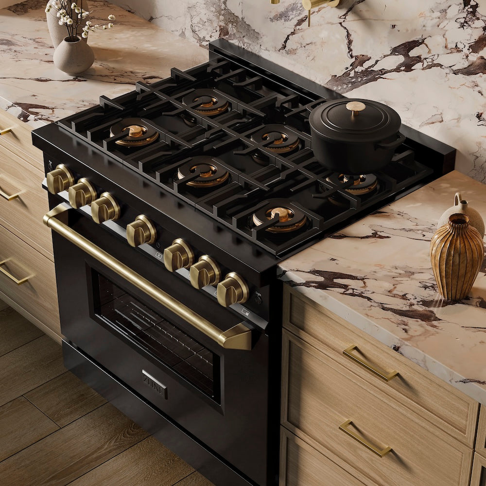 ZLINE Autograph Edition 36 in. 5.2 cu. ft. Classic Dual Fuel Range with 6 Burner DuoPro™ Cooktop and Electric Convection Oven in Black Stainless Steel and Champagne Bronze Accents, Open Box-Great Condition