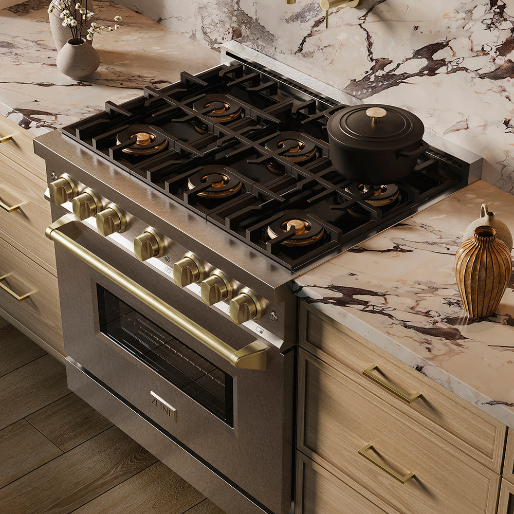 ZLINE Autograph Edition 36 in. 5.2 cu. ft. Classic Dual Fuel Range with 6 Burner DuoPro™ Cooktop and Electric Convection Oven in Satin Stainless Steel and Champagne Bronze Accents, Open Box-Great Condition