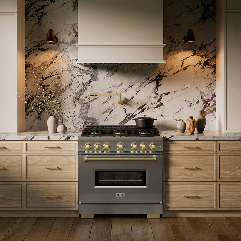 ZLINE Autograph Edition 36 in. 5.2 cu. ft. Classic Dual Fuel Range with 6 Burner DuoPro™ Cooktop and Electric Convection Oven in Stainless Steel and Champagne Bronze Accents, Open Box-Great Condition