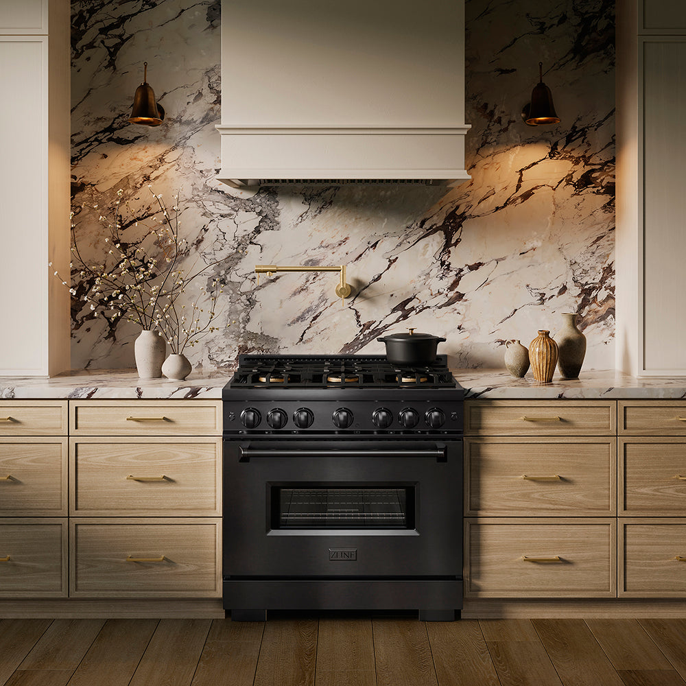 ZLINE 36 in. 5.2 cu. ft. Classic Gas Range with 6 Burner DuoPro™ Cooktop and Convection Gas Oven in Black Stainless Steel, Open Box-Great Condition