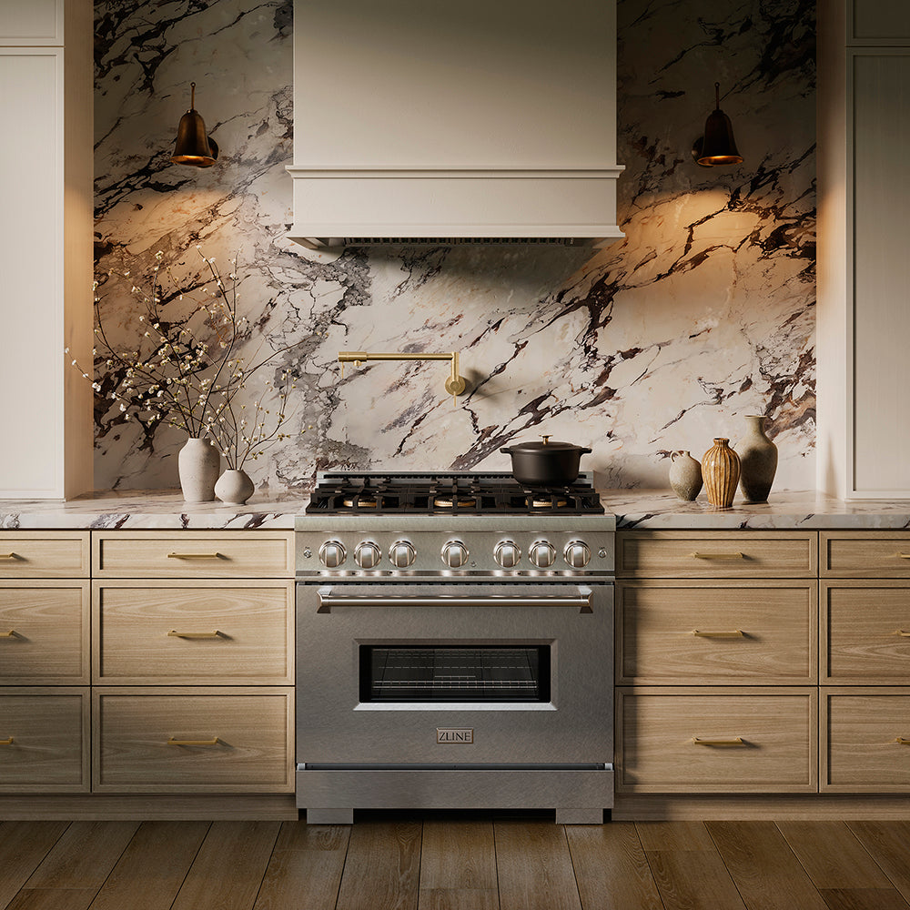 ZLINE 36 in. 5.2 cu. ft. Classic Gas Range with 6 Burner DuoPro™ Cooktop and Convection Gas Oven in Satin Stainless Steel, Open Box-Great Condition