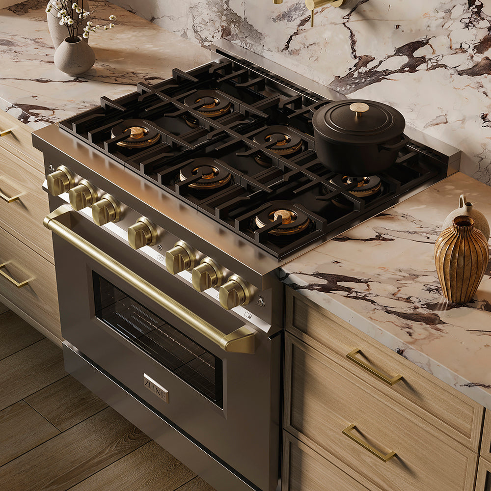ZLINE Autograph Edition 36 in. 5.2 cu. ft. Classic Gas Range with 6 Burner DuoPro™ Cooktop and Convection Gas Oven in Stainless Steel and Champagne Bronze Accents, Open Box-Great Condition