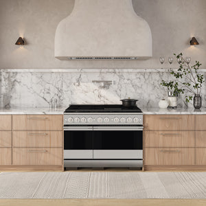 ZLINE 48 in. 6.7 cu. ft. Marino Double Oven Gas Range with 8 Burner Cooktop in Stainless Steel (MGR48) front, set in a modern kitchen with light wood cabinets, a white marble backsplash, and a textured beige rug.