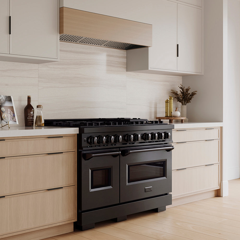 ZLINE 48 in. 6.7 cu. ft. Classic Dual Fuel Range with 8 Burner DuoPro™ Cooktop and Dual Ovens in Black Stainless Steel, Open Box-Great Condition