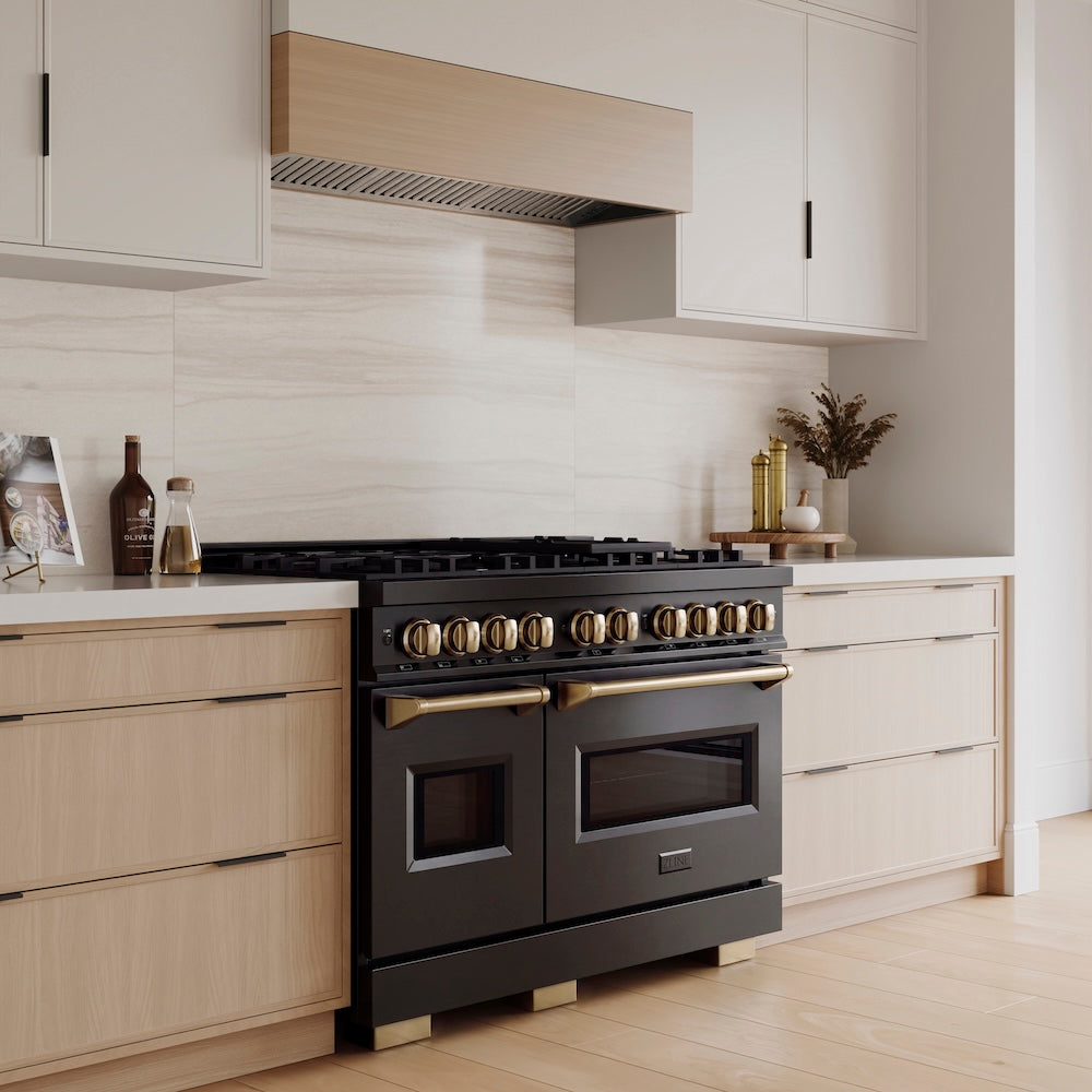 ZLINE Autograph Edition 48 in. 6.7 cu. ft. Classic Dual Fuel Range with 8 Burner DuoPro™ Cooktop and Dual Ovens in Black Stainless Steel and Champagne Bronze Accents, Open Box-Great Condition