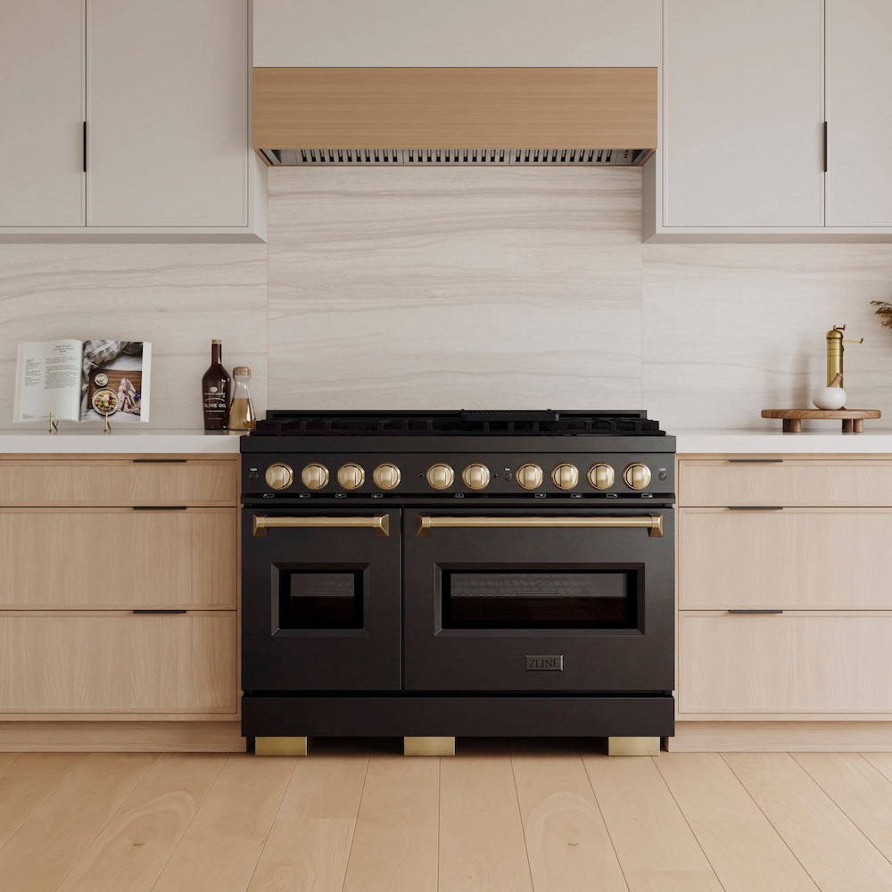 ZLINE Autograph Edition 48 in. 6.7 cu. ft. Classic Dual Fuel Range with 8 Burner DuoPro™ Cooktop and Dual Ovens in Black Stainless Steel and Champagne Bronze Accents, Open Box-Great Condition