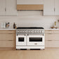 ZLINE 48 in. 6.7 cu. ft. Classic Dual Fuel Range with 8 Burner DuoPro™ Cooktop and Dual Ovens in Satin Stainless Steel with White Matte Doors (PCDRS-WM-48) in a custom kitchen with light wood cabinets, front.