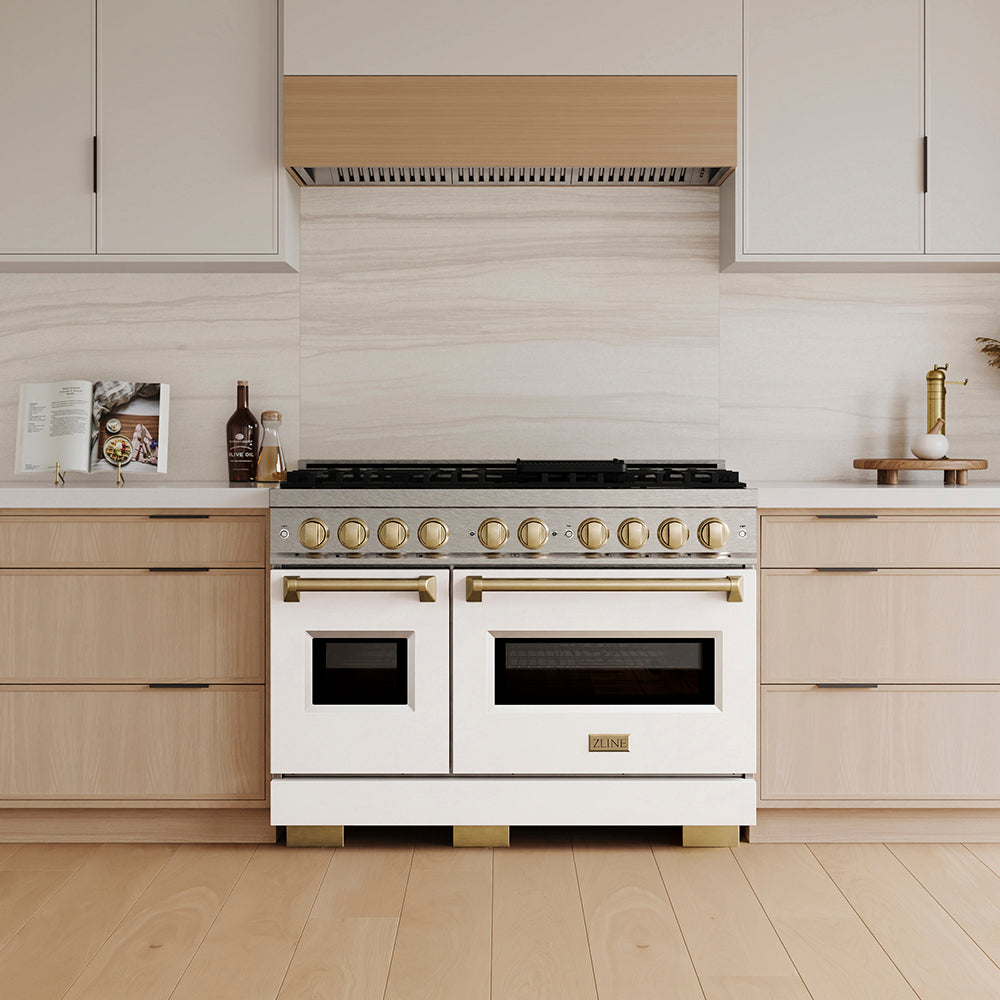 ZLINE Autograph Edition 48 in. 6.7 cu. ft. Classic Dual Fuel Range with 8 Burner DuoPro™ Cooktop and Dual Ovens in Satin Stainless Steel with White Matte Doors and Champagne Bronze Accents, Open Box-Great Condition