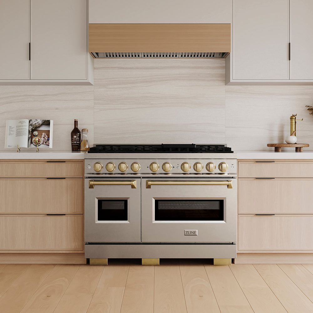 ZLINE Autograph Edition 48 in. 6.7 cu. ft. Classic Dual Fuel Range with 8 Burner DuoPro™ Cooktop and Dual Ovens in Stainless Steel and Champagne Bronze Accents, Open Box-Great Condition