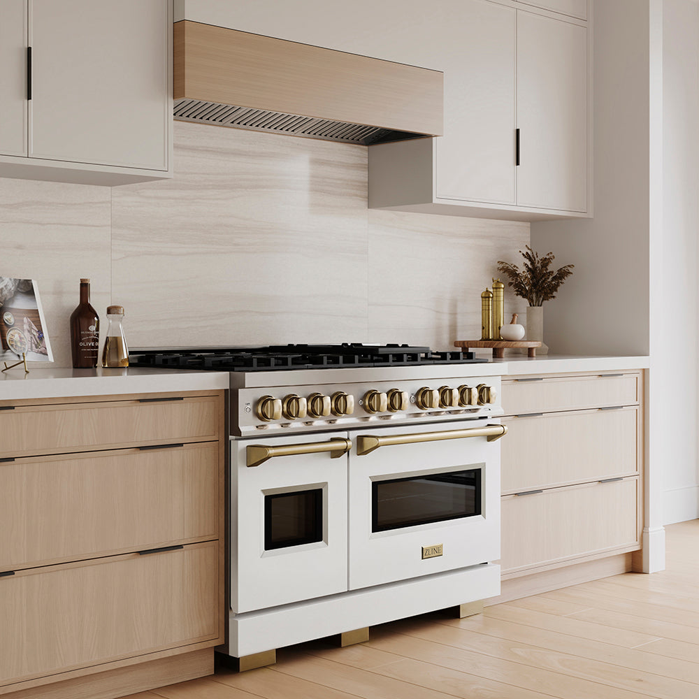 ZLINE Autograph Edition 48 in. 6.7 cu. ft. Classic Dual Fuel Range with 8 Burner DuoPro™ Cooktop and Dual Ovens with White Matte Doors and Champagne Bronze Accents, Open Box-Great Condition