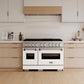 ZLINE 48 in. 6.7 cu. ft. Classic Gas Range with 8 Burner DuoPro™ Cooktop and Dual Ovens with White Matte Doors (PCGR-WM-48) in a custom kitchen with light wood cabinets, front.