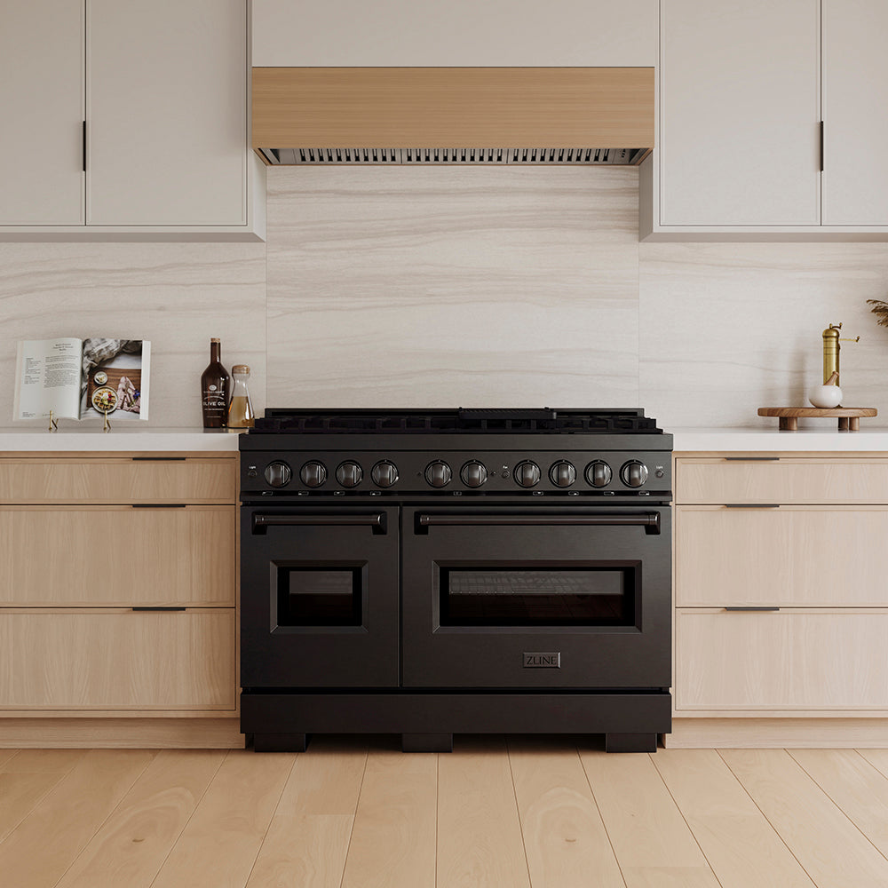 ZLINE 48 in. 6.7 cu. ft. Classic Gas Range with 8 Burner DuoPro™ Cooktop and Dual Ovens in Black Stainless Steel, Open Box-Great Condition