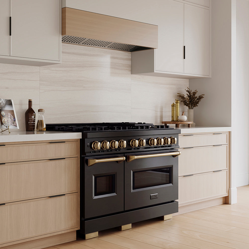ZLINE Autograph Edition 48 in. 6.7 cu. ft. Classic Gas Range with 8 Burner DuoPro™ Cooktop and Dual Ovens in Black Stainless Steel and Champagne Bronze Accents, Open Box-Great Condition
