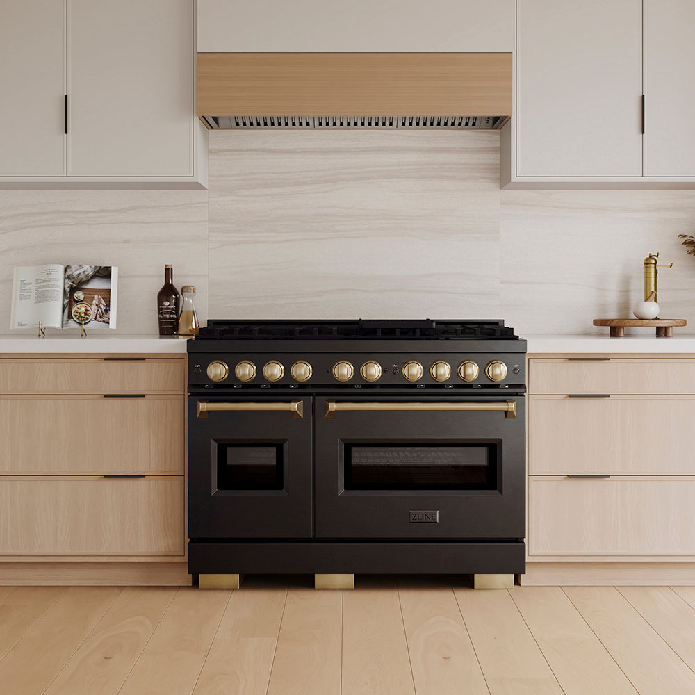 ZLINE Autograph Edition 48 in. 6.7 cu. ft. Classic Gas Range with 8 Burner DuoPro™ Cooktop and Dual Ovens in Black Stainless Steel and Champagne Bronze Accents, Open Box-Great Condition