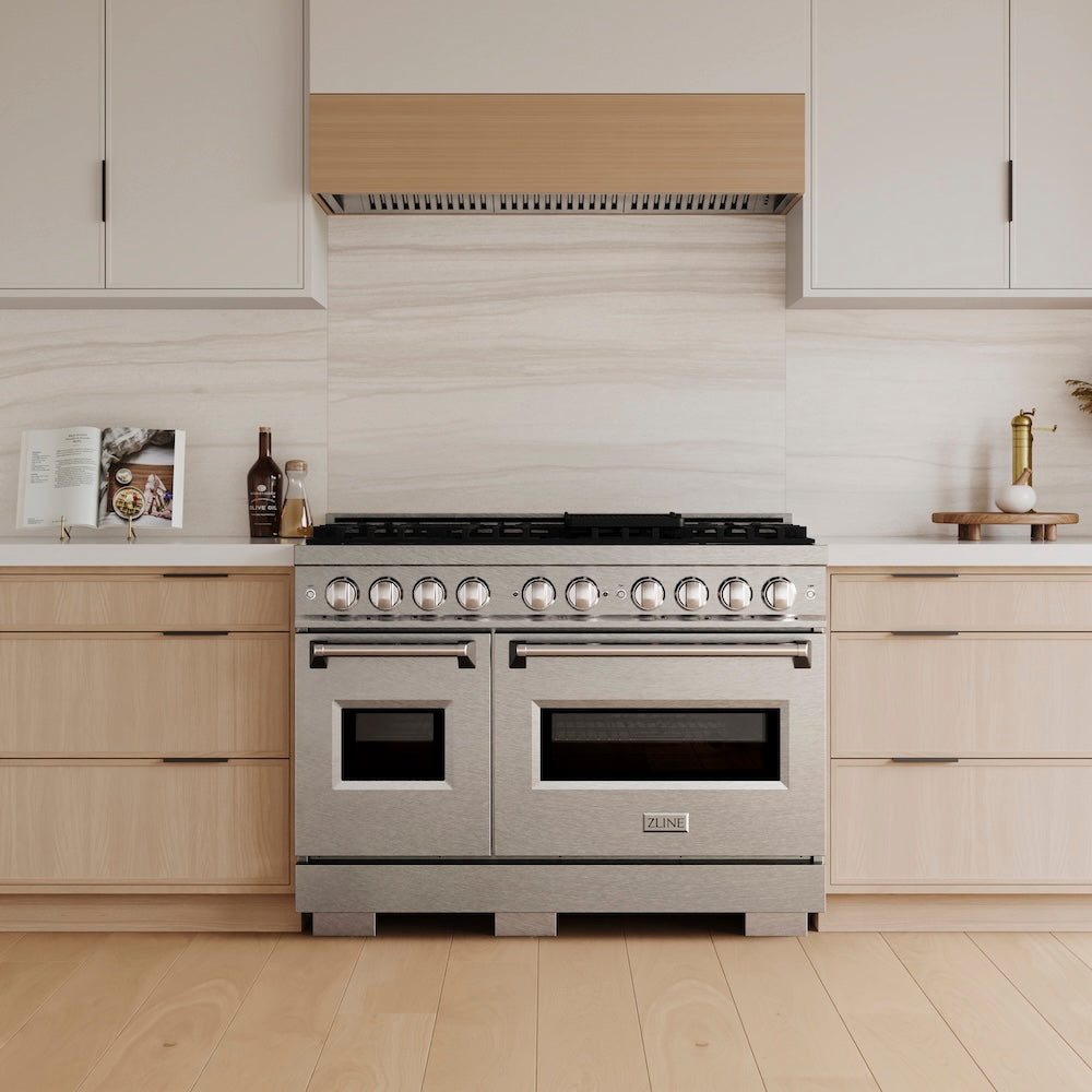 ZLINE 48 in. 6.7 cu. ft. Classic Dual Fuel Range with 8 Burner DuoPro™ Cooktop and Dual Ovens in Satin Stainless Steel, Open Box-Great Condition