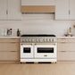 ZLINE Autograph Edition 48 in. 6.7 cu. ft. Classic Gas Range with 8 Burner DuoPro™ Cooktop and Dual Ovens in Satin Stainless Steel with White Matte Doors and Champagne Bronze Accents, Open Box-Great Condition