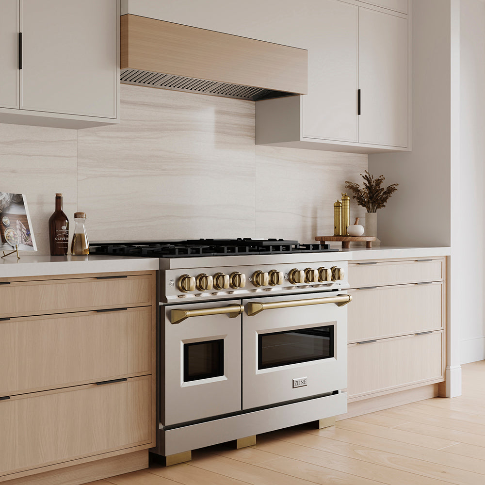 ZLINE Autograph Edition 48 in. 6.7 cu. ft. Classic Gas Range with 8 Burner DuoPro™ Cooktop and Dual Ovens in Stainless Steel and Champagne Bronze Accents, Open Box-Great Condition