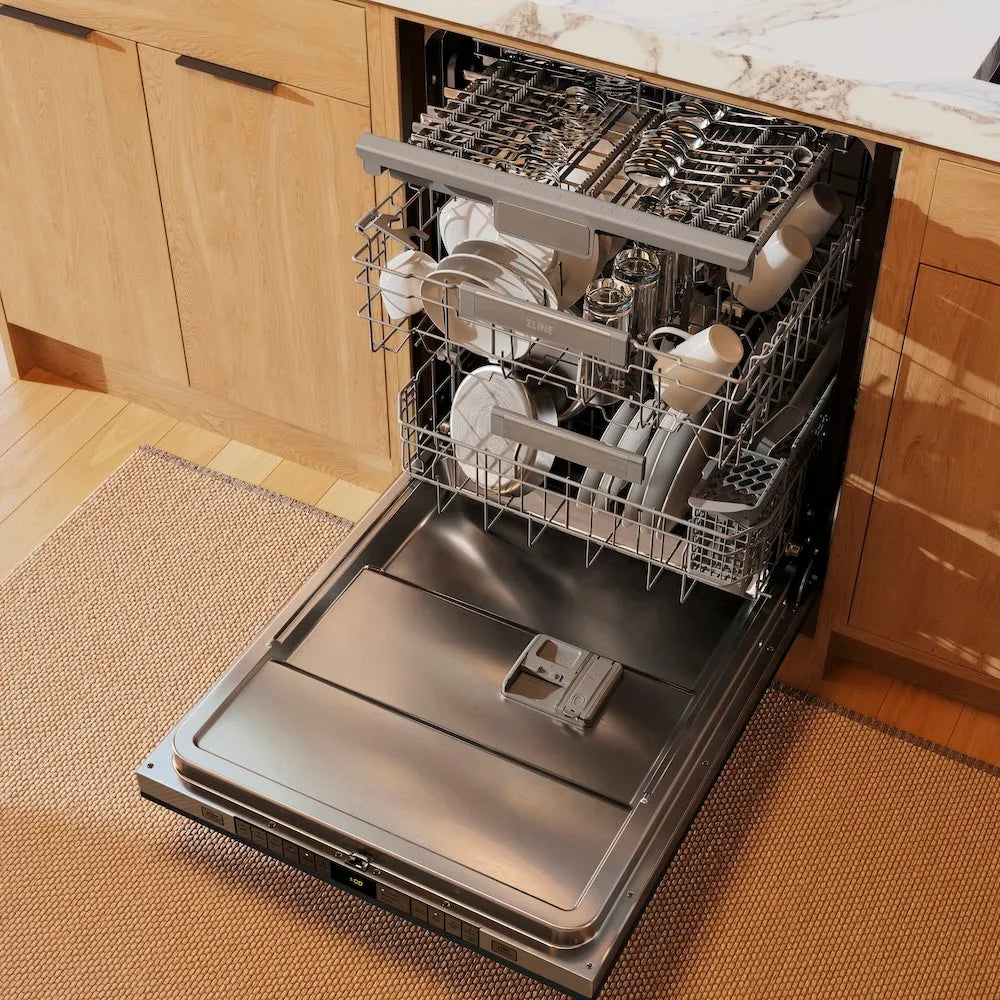 Open ZLINE 24 in. Monument Series 3rd Rack Dishwasher with Auto Door Open Drying, 44dBa, Black Stainless Steel Panel (DWMT-BS-24) with clean dishes in a kitchen setting