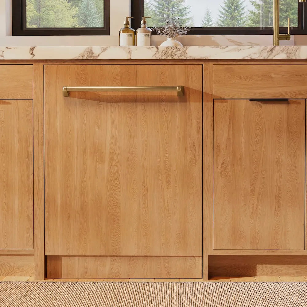 ZLINE Autograph Edition 24 in. Monument Series 3rd Rack Dishwasher with Auto Door Open Drying, 44dBa, Panel Ready with Champagne Bronze Handle (DWMTZ-24-CB) with custom panel matching wooden kitchen cabinets.