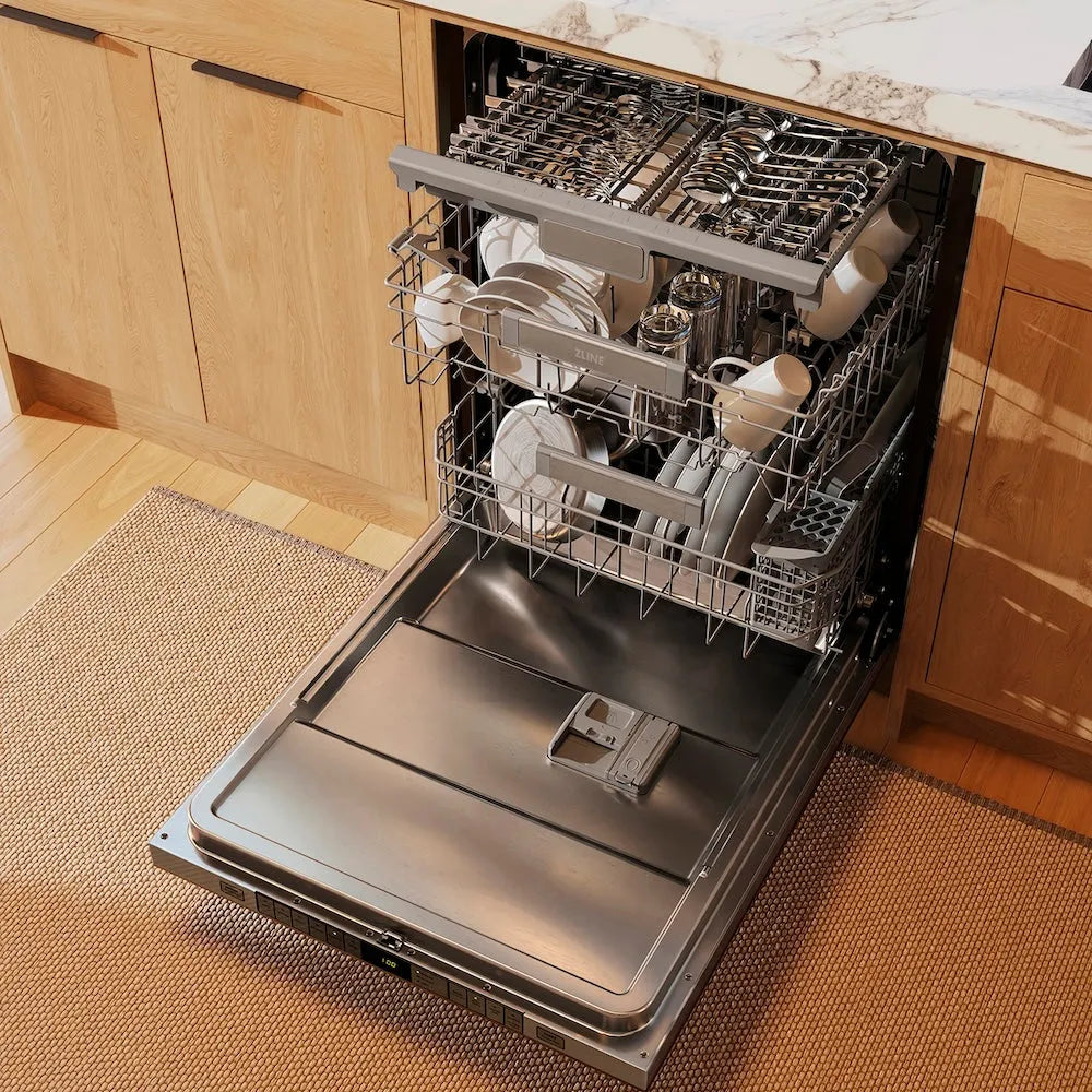Open ZLINE Autograph Edition 24 in. Monument Series 3rd Rack Dishwasher with Auto Door Open Drying, 44dBa, Panel Ready with Champagne Bronze Handle (DWMTZ-24-CB) with clean dishes in a kitchen setting