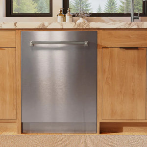 ZLINE Autograph Edition 24 in. Monument Series 3rd Rack Dishwasher with Auto Door Open Drying, 44dBa, Stainless Steel Panel with Polished Nickel Helix Handle (DWMTZ-30424-KPN) in a kitchen with wooden cabinets and a window view.