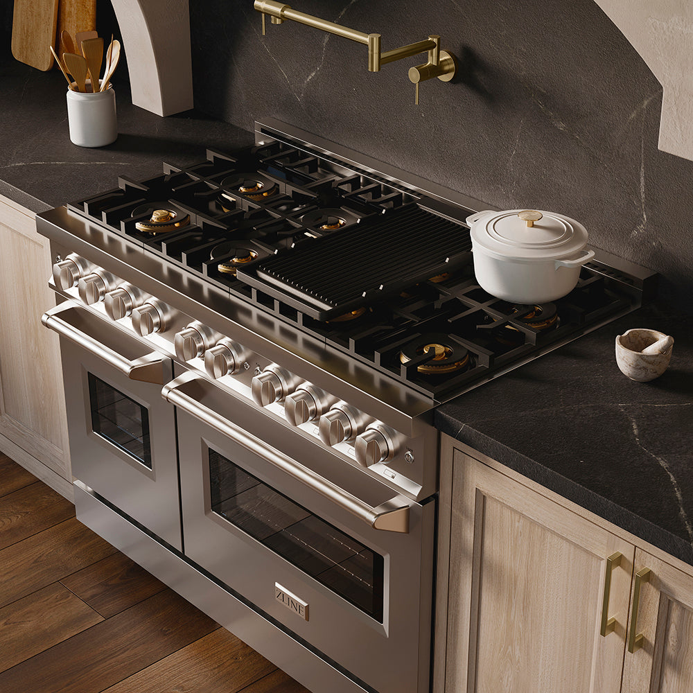 ZLINE 48 in. 6.7 cu. ft. Classic Dual Fuel Range with 8 Burner DuoPro™ Cooktop and Dual Ovens in Stainless Steel, Open Box-Great Condition