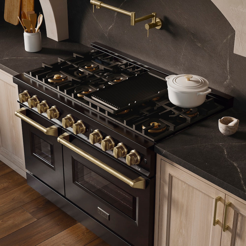 ZLINE Autograph Edition 48 in. 6.7 cu. ft. Classic Dual Fuel Range with 8 Burner DuoPro™ Cooktop and Dual Ovens in Black Stainless Steel and Champagne Bronze Accents, Open Box-Great Condition