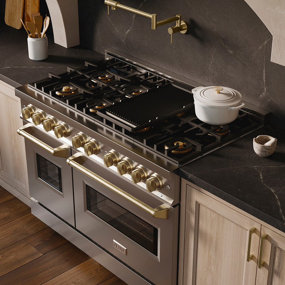 ZLINE Autograph Edition 48 in. 6.7 cu. ft. Classic Dual Fuel Range with 8 Burner DuoPro™ Cooktop and Dual Ovens in Stainless Steel and Champagne Bronze Accents, Open Box-Great Condition