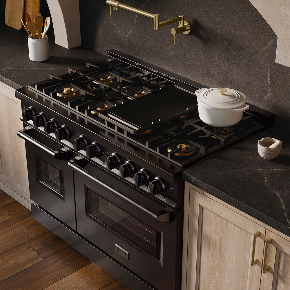 ZLINE 48 in. 6.7 cu. ft. Classic Gas Range with 8 Burner DuoPro™ Cooktop and Dual Ovens in Black Stainless Steel, Open Box-Great Condition