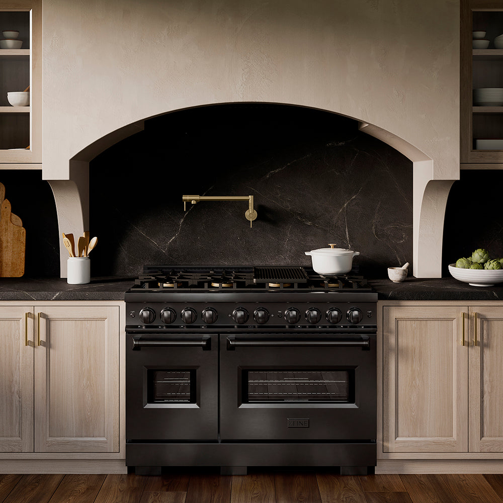 ZLINE 48 in. 6.7 cu. ft. Classic Gas Range with 8 Burner DuoPro™ Cooktop and Dual Ovens in Black Stainless Steel, Open Box-Great Condition