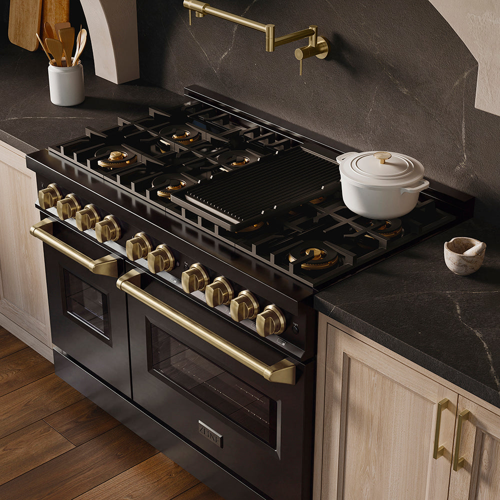 ZLINE Autograph Edition 48 in. 6.7 cu. ft. Classic Gas Range with 8 Burner DuoPro™ Cooktop and Dual Ovens in Black Stainless Steel and Champagne Bronze Accents, Open Box-Great Condition