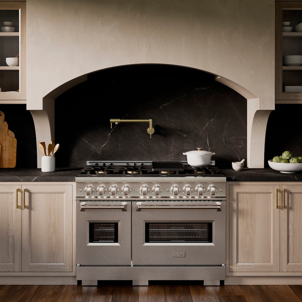 ZLINE 48 in. 6.7 cu. ft. Classic Dual Fuel Range with 8 Burner DuoPro™ Cooktop and Dual Ovens in Satin Stainless Steel, Open Box-Great Condition