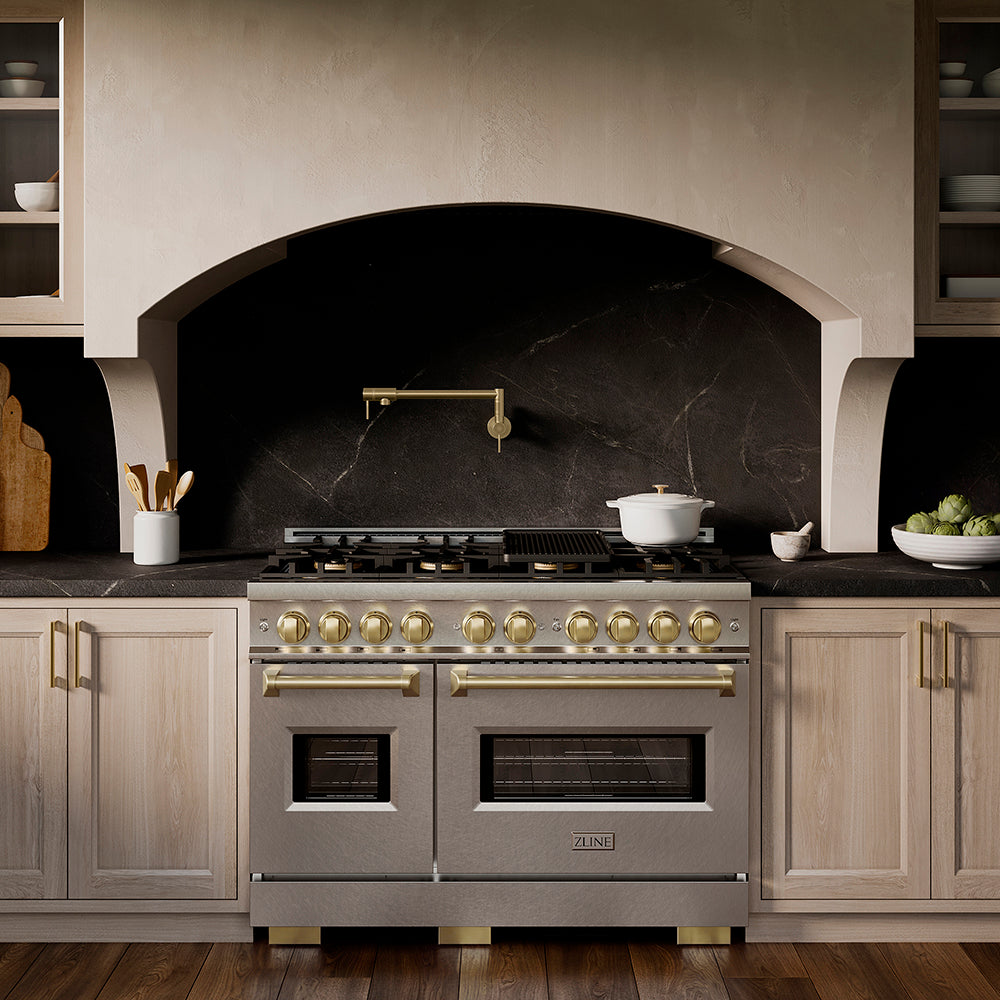 ZLINE Autograph Edition 48 in. 6.7 cu. ft. Classic Gas Range with 8 Burner DuoPro™ Cooktop and Dual Ovens in Satin Stainless Steel and Champagne Bronze Accents, Open Box-Great Condition