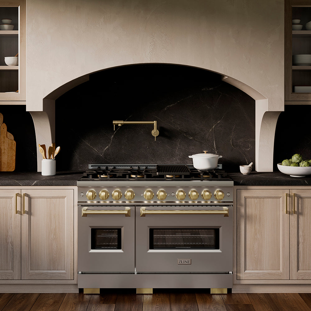ZLINE Autograph Edition 48 in. 6.7 cu. ft. Classic Gas Range with 8 Burner DuoPro™ Cooktop and Dual Ovens in Stainless Steel and Champagne Bronze Accents, Open Box-Great Condition
