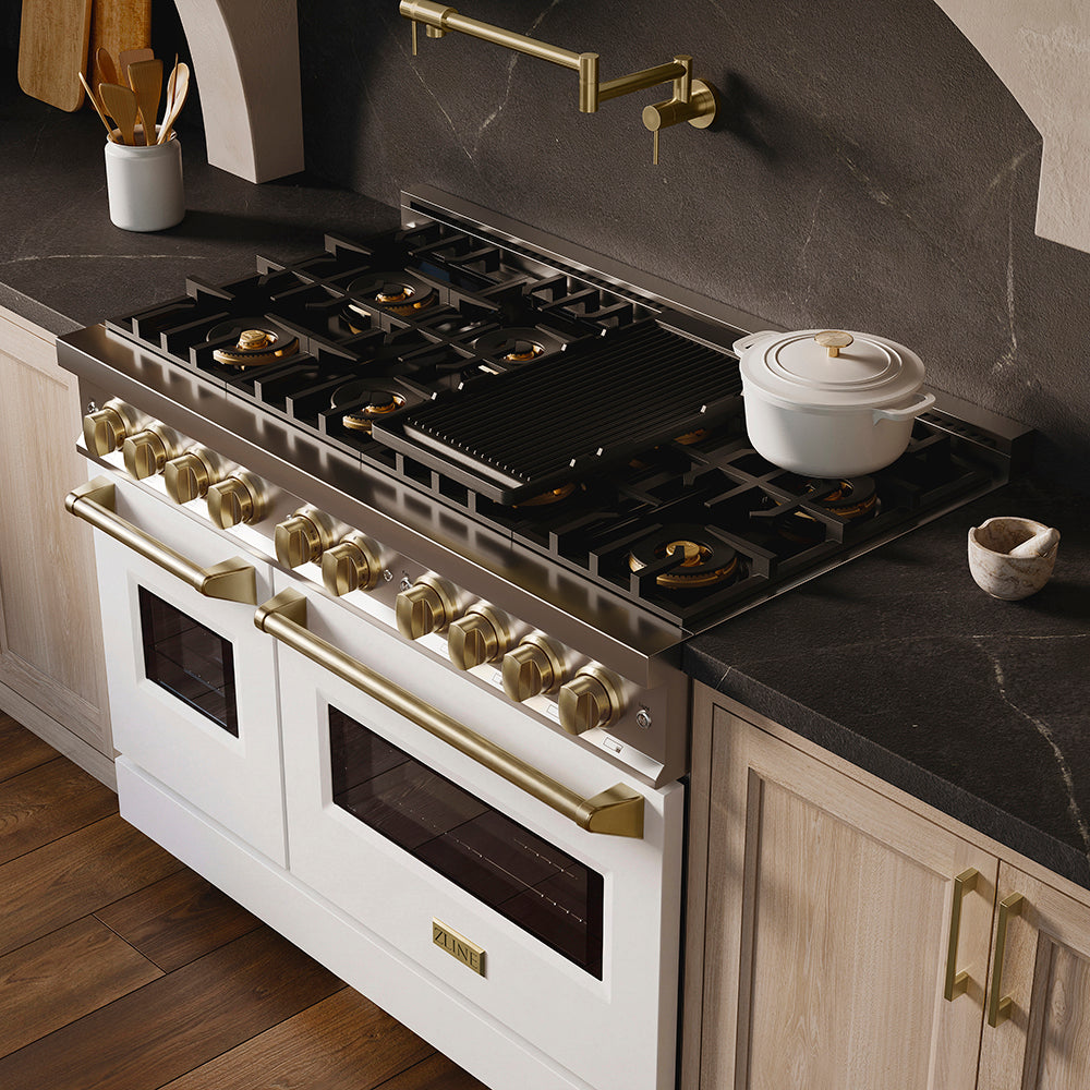 ZLINE Autograph Edition 48 in. 6.7 cu. ft. Classic Gas Range with 8 Burner DuoPro™ Cooktop and Dual Ovens with White Matte Doors and Champagne Bronze Accents, Open Box-Great Condition