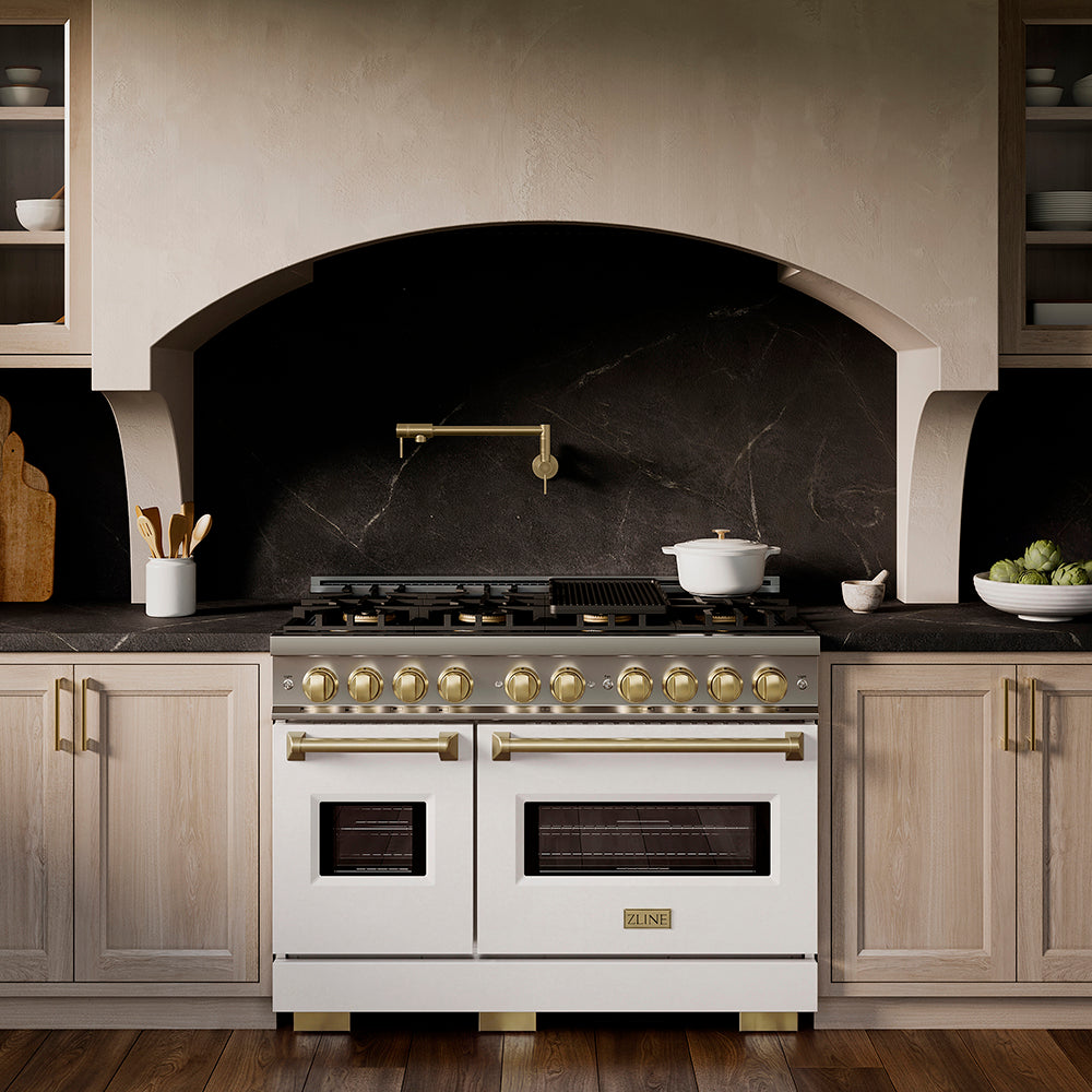 ZLINE Autograph Edition 48 in. 6.7 cu. ft. Classic Gas Range with 8 Burner DuoPro™ Cooktop and Dual Ovens with White Matte Doors and Champagne Bronze Accents, Open Box-Great Condition