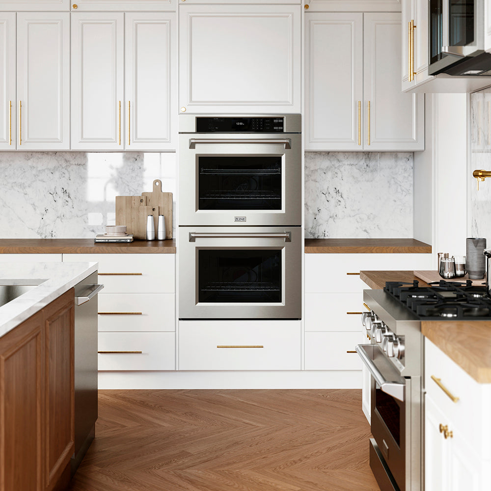 ZLINE 30 in. Professional True Convection Double Wall Oven with Air Fry and Self Clean in Stainless Steel (WAD-30) in a luxury kitchen with stainless steel appliances and white cabinets.