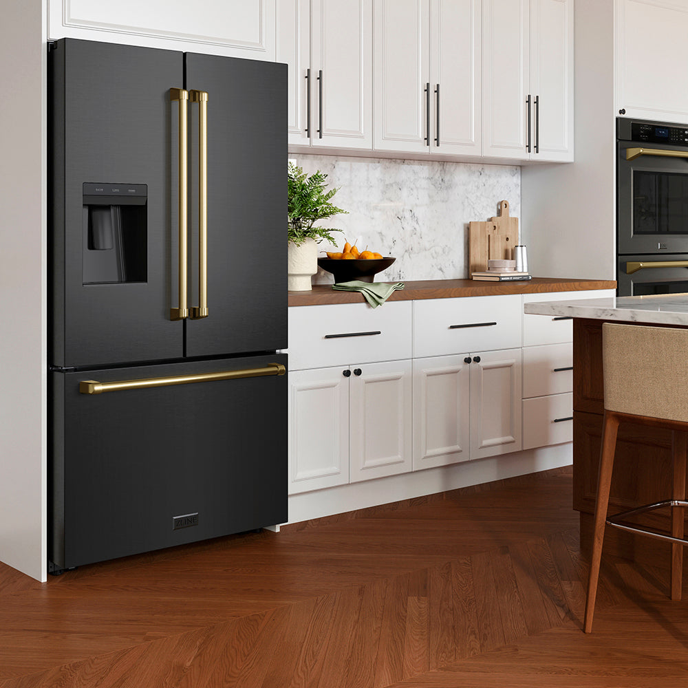 Modern kitchen with a ZLINE Autograph Edition 36 in. 28.9 cu. ft. Standard-Depth French Door External Water Dispenser Refrigerator with Dual Ice Maker in Fingerprint-Resistant Black Stainless Steel and Champagne Bronze Traditional Handles (RSMZ-W-36-BS-CB)