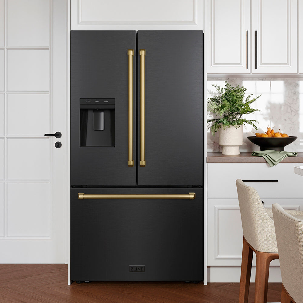 ZLINE Autograph Edition 36 in. 28.9 cu. ft. Standard-Depth French Door External Water Dispenser Refrigerator with Dual Ice Maker in Fingerprint-Resistant Black Stainless Steel and Champagne Bronze Traditional Handles (RSMZ-W-36-BS-CB) in a kitchen setting