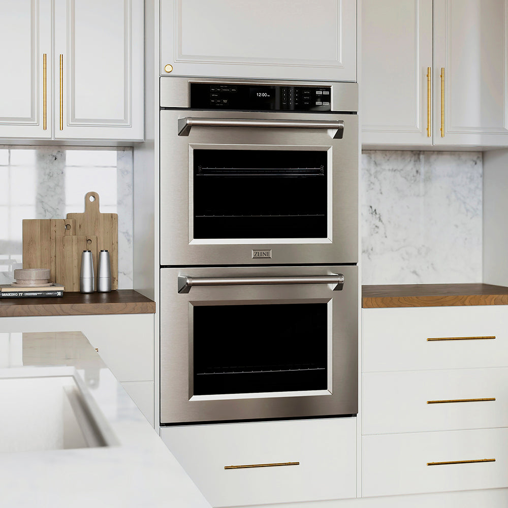 ZLINE 30 in. Professional True Convection Double Wall Oven with Air Fry and Self Clean in Stainless Steel (WAD-30) in a modern kitchen with white cabinets and marble countertops.