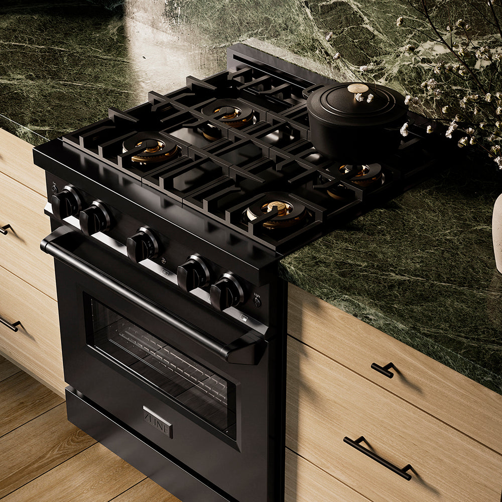 ZLINE 30 in. 4.2 cu. ft. Classic Gas Range with 4 Burner DuoPro™ Cooktop and Convection Gas Oven in Black Stainless Steel, Open Box-Great Condition