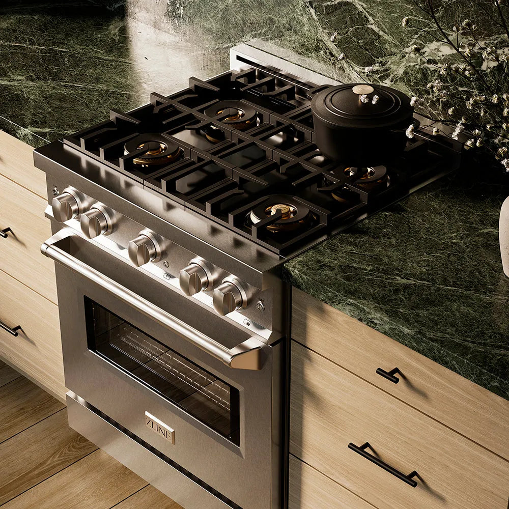 ZLINE 30 in. 4.2 cu. ft. Classic Gas Range with 4 Burner DuoPro™ Cooktop and Convection Gas Oven in Satin Stainless Steel (PCGRS-30) in a designer kitchen with wooden details and a green marble backsplash, angled.